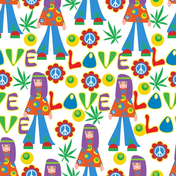 Background in the style of 60x. Psychedelic seamless pattern. Hippie, cannabis leaves, flowers, a symbol of pacifism.