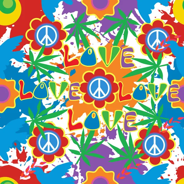 Arka plan 60 x tarzında. Psychedelic seamless modeli. Hippi, esrar yapraklar, çiçekler, Pasifizm sembolü.