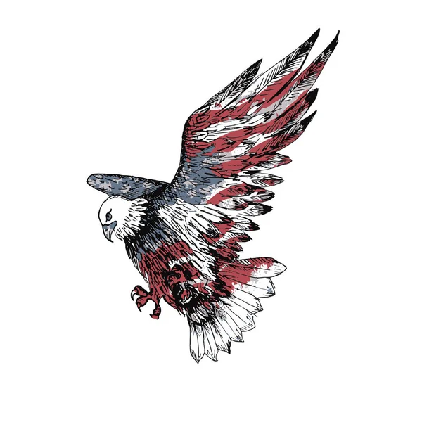 American Bald Eagle Hand Drawn Illustration Sketch Watercolor American Flag — Stock Vector