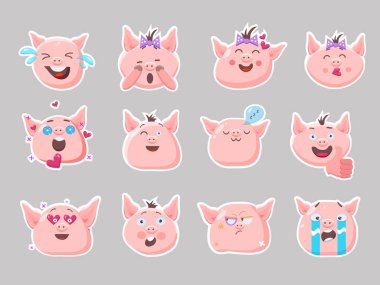 Küçük pembe domuz. Vektör şirin komik emoji karakter kümesi. Ağlayan, gülen, uyku, emory, üzgün, sürpriz, kızgın, korkmuş karakterler. Çıkartmalar. Düz stil.