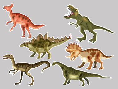 T-Rex, Tyrannosaur'u, Velociraptor, Triceratops, dinozor, Parasaurolophus, Stegosaurus. Sevimli vektör karikatür dinozorlar, yamalar ve etiketlerini koleksiyonu kümesi. 