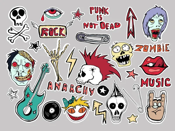 Şirin yamalar ve çıkartma koleksiyonu. Punk ölmedi. El çizimleri çekilmiş. Dudaklar kafatası pimleri gitar okları kırmızı gözleri rock sembolleri zombi korkunç ölü adam vinil plak el etiket satırları yazılı yıldız. 