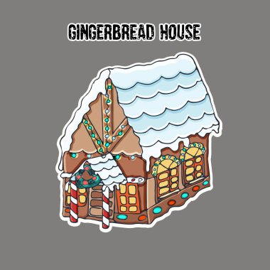 Zencefil Ekmek Evi. Etiket. Küçük sevimli gingerbread house, bir çatı ile kar ve parlak aydınlatma ile kaplı. Çizilmiş vektör çizim el.