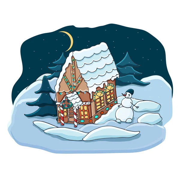 Cute Gingerbread House Bright Illumination Night Snowy Forest Snowman Christmas — Stock Vector