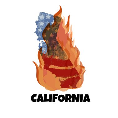 Bir wildfires sonra aşağıda Güney Kaliforniya destek. California state, ABD bayrağı, alev ve metin California silüeti Haritası. 
