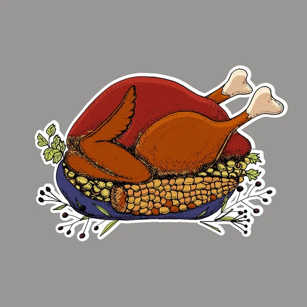 Sticker Joyeux Thanksgiving Illustration Vectorielle Dessinée Main Dinde Rôtie Maïs — Image vectorielle