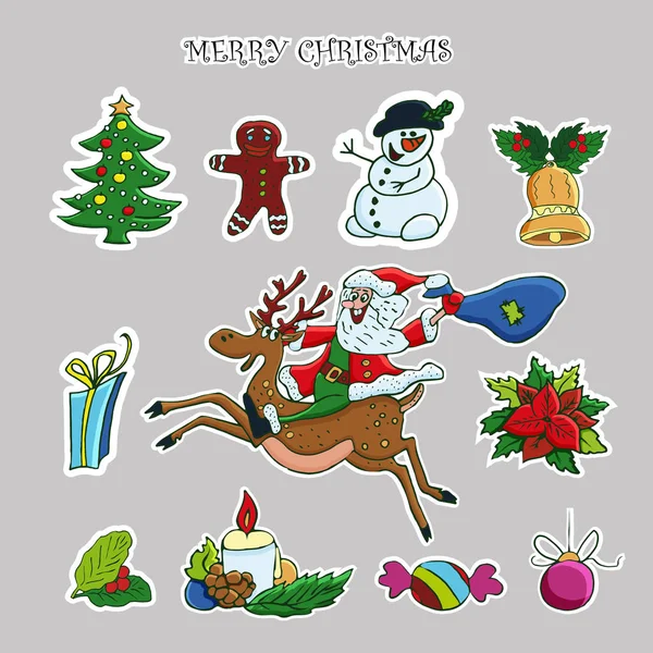 Conjunto Adesivos Natal Vector Mão Desenhada Clip Art Papai Noel — Vetor de Stock