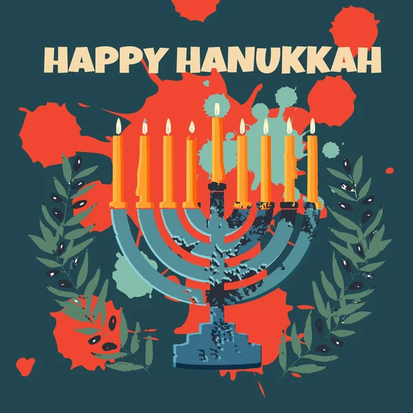 Fiesta Tradicional Judía Hannukah Tarjeta Felicitación Con Menorah Texto Happy — Archivo Imágenes Vectoriales