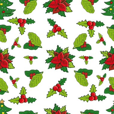 Noel Baba, yılbaşı ağacı, holly Karpuzu, kardan adam, şekerler, Noel çanları, Atatürk çiçeği çiçek, zencefilli kurabiye adam. Elle çizilmiş vektör Noel seamless modeli.