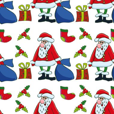 Noel Baba, yılbaşı ağacı, holly Karpuzu, kardan adam, şekerler, Noel çanları, Atatürk çiçeği çiçek, zencefilli kurabiye adam. Elle çizilmiş vektör Noel seamless modeli.