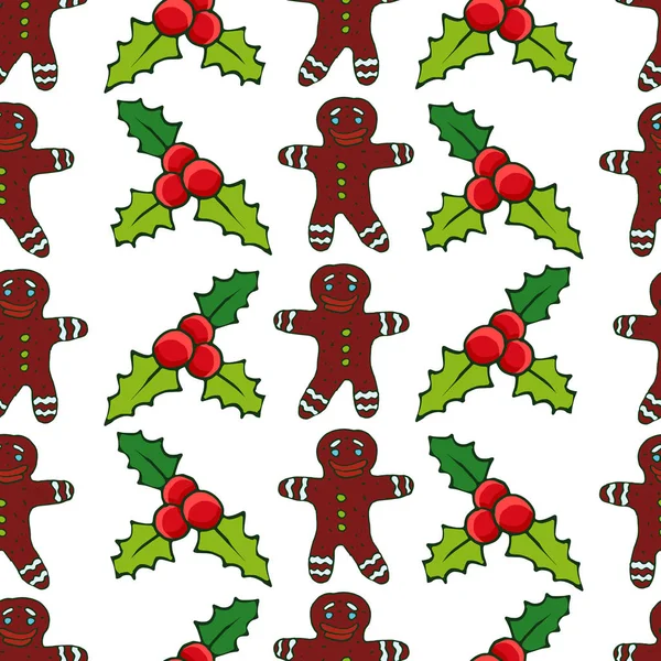 圣诞老人 圣诞树 冬青浆果 圣诞钟声 一品红花 姜饼人 手绘向量圣诞节无缝模式 — 图库矢量图片