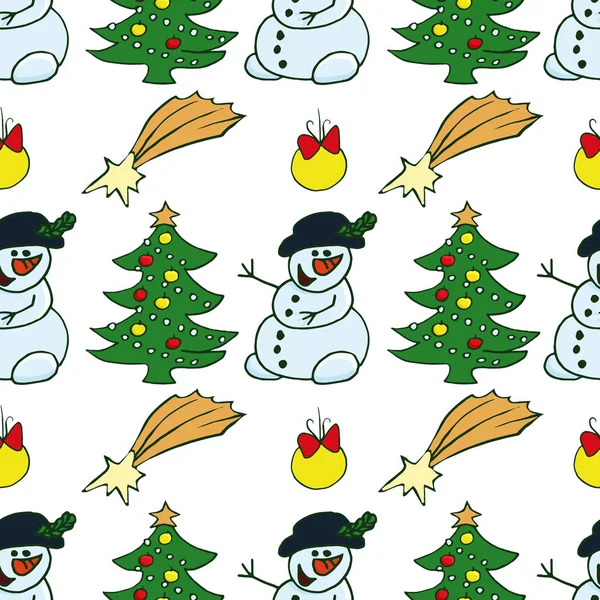 Weihnachtsmann Weihnachtsbaum Stechpalme Schneemann Bonbons Weihnachtsglocken Weihnachtssterne Lebkuchenmann Hand Gezeichneter — Stockvektor
