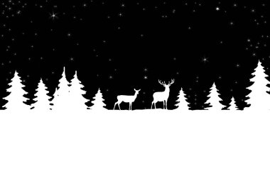 Siluetleri karlı bir ormandaki geyik. Kış manzarası. Resimde kullanılan Noel tebrik kartı, afiş, poster için.