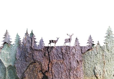 Siluetleri karlı bir ormandaki geyik. Kış manzarası. Resimde kullanılan Noel tebrik kartı, afiş, poster için.