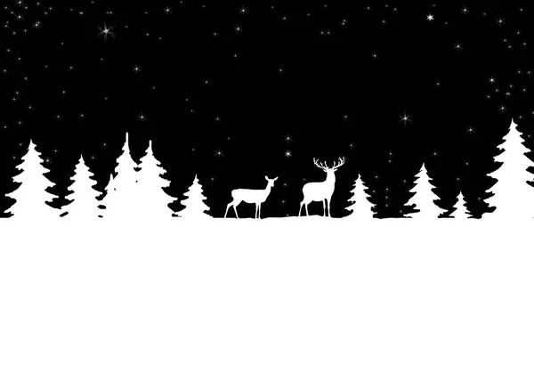 Siluetleri karlı bir ormandaki geyik. Kış manzarası. Resimde kullanılan Noel tebrik kartı, afiş, poster için.