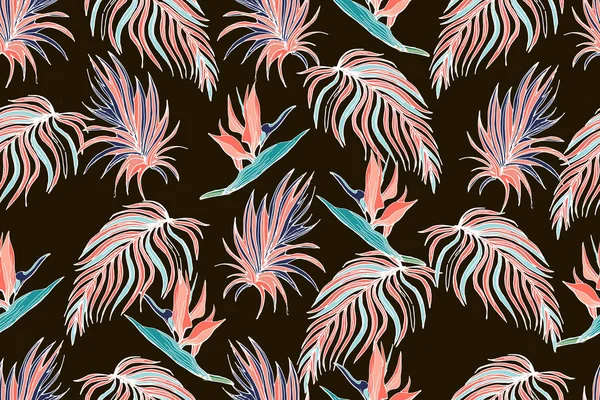 珊瑚棕榈叶和怪物中的无缝热带图案 纺织背景 图案填充 — 图库矢量图片