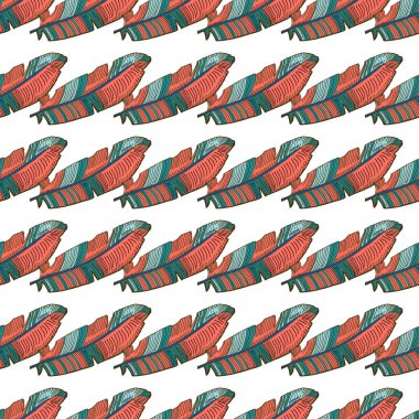 Dikişsiz tropikal desen içinde mercan muz palmiye yaprakları. Tekstil, duvar kağıdı, desen dolgularını, kapakları, yüzey, baskı, şal, scrapbooking için tropikal arka plan.