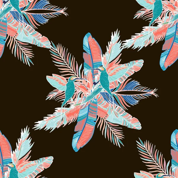 在珊瑚棕榈叶 异国情调的花朵 嗡嗡声鸟和怪物的无缝热带模式 纺织背景 图案填充 — 图库矢量图片