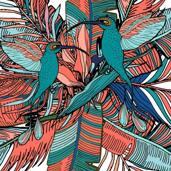 Tropikal Kompozisyon Içinde Mercan Palmiye Yaprakları Egzotik Çiçekler Kuşlar Monstera — Stok Vektör