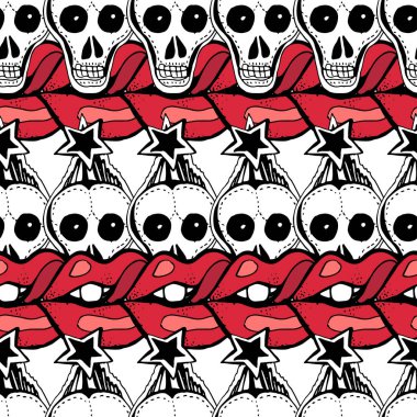 Hand drawn seamless vector pattern. Rock-n-roll and punk symbols and accessories, stars, skulls, bones, red lips.  clipart