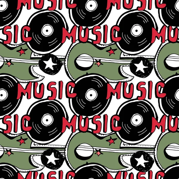 Elle çizilmiş sorunsuz vektör desen. Yazılı etiket satırı müzik rock-n-roll ve punk sembolleri ve aksesuarları, yıldız, vinil kayıtlar, gitar, el. 