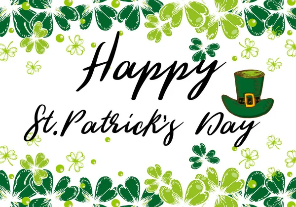 Happy St Patricks Günü kutlama poster. Vektör el cüce şapkası, yonca yaprağı ve kupa bira soyut yeşil boya splash arka plan üzerinde çizilmiş çizimi.