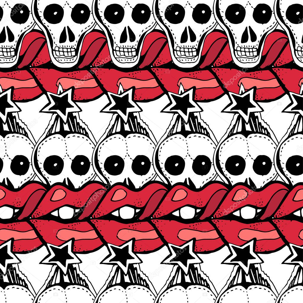 Hand drawn seamless vector pattern. Rock-n-roll and punk symbols and accessories, stars, skulls, bones, red lips. 