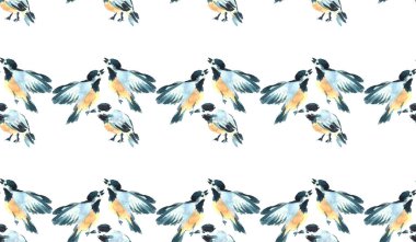 Suluboya baştankara kuşları illüstrasyon. El seamless modeli boyalı. Vahşi hayvanlar.
