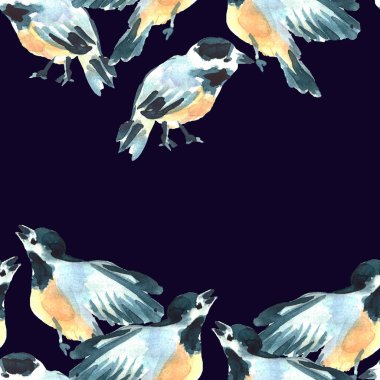 Suluboya baştankara kuşları illüstrasyon. El seamless modeli boyalı. Vahşi hayvanlar.