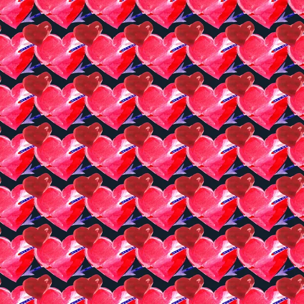 Akvarelu Vzor Bezešvé Ručně Malované Valentýna Pozadí Červenými Srdci — Stock fotografie