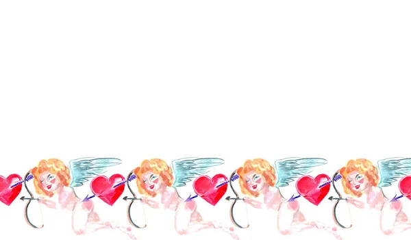 Watercolor Seamless Border Hand Painted Valentine Day Background Beautiful Cupid — Stock Photo, Image