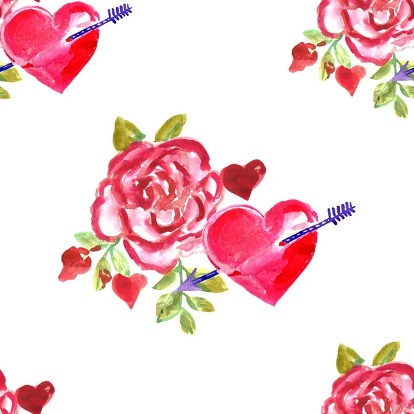 Gül Kalp Boyalı Sulu Boya Dikişsiz Desen Mutlu Sevgililer Günü — Stok fotoğraf