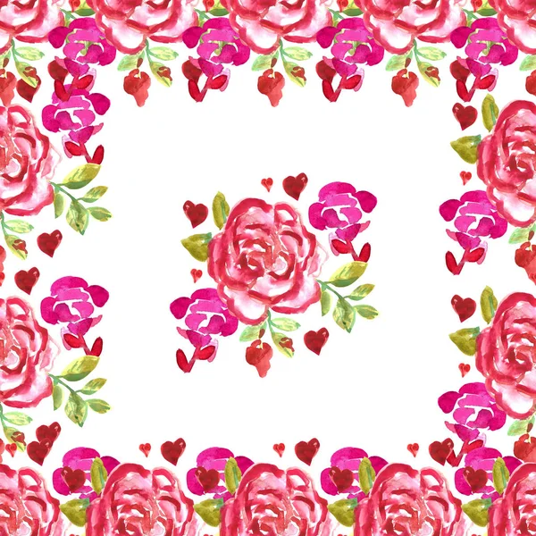 Hand Painted Roses Hearts Watercolor Seamless Pattern Happy Valentine Day — Stock Photo, Image