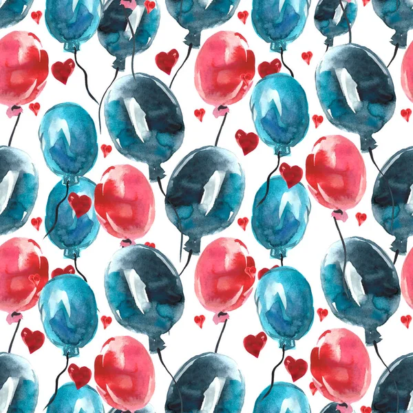 Watercolor colorful air balloons and red hearts. Hand painted seamless pattern. Happy Valentine\'s day background.