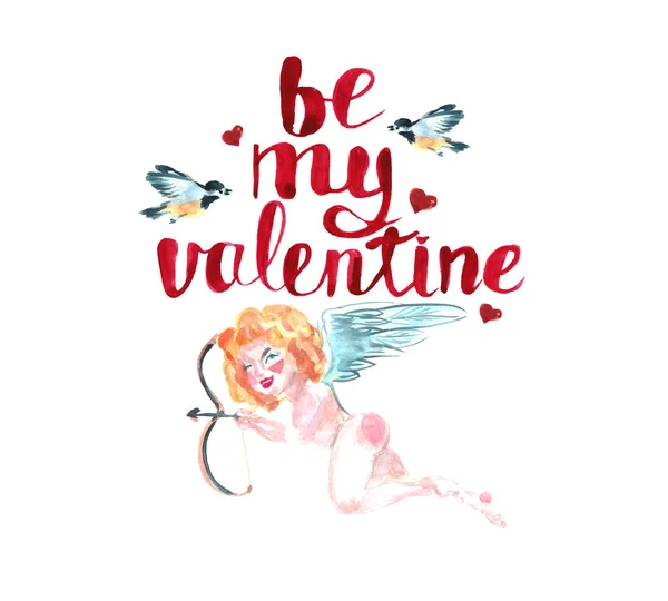Happy Valentine Day Wenskaart Aquarel Illustratie Cupido Met Boog Pijlen — Stockfoto