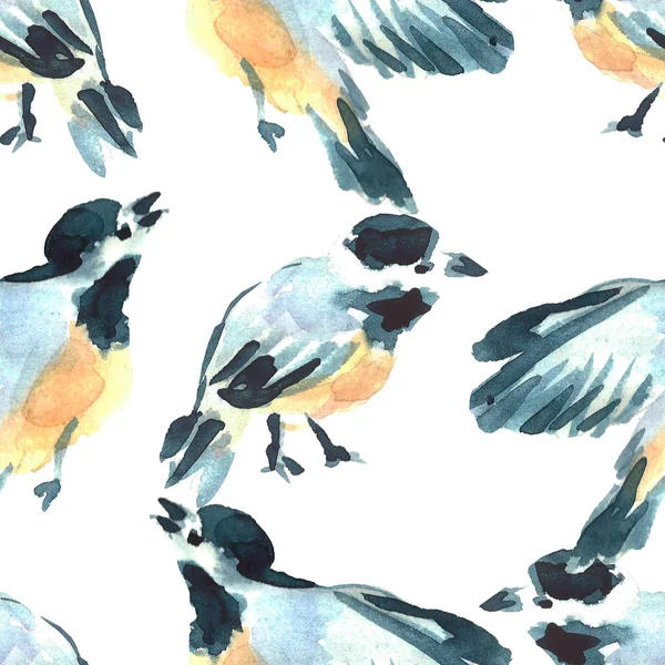 Watercolor tit birds illustration. Hand painted seamless pattern. Wild animals.