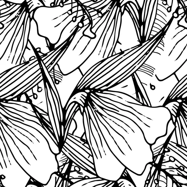 Seamless Background With Palm  Leaves And Tropical Flowers. Jungle Pattern  For Textile Or Book Covers, Manufacturing, Wallpapers, Print, Gift Wrap And Scrapbooking. Hand Drawn Monochrome Wallpaper.
