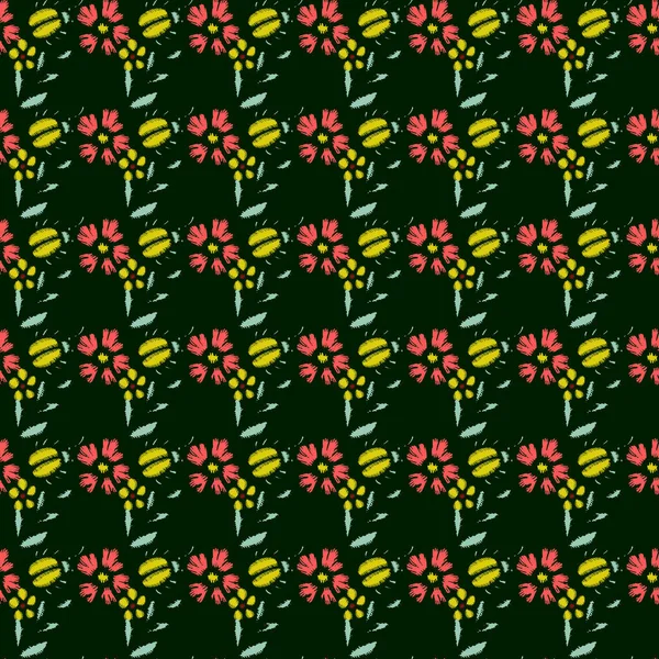 Costuras bordadas con rosas, flores de pradera, libélulas, abejas — Vector de stock