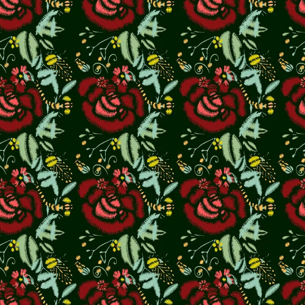 Costuras bordadas con rosas, flores de pradera, libélulas, abejas — Vector de stock