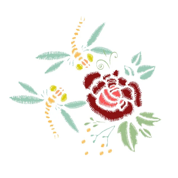 Costuras bordadas con rosas, flores de pradera, libélulas, abejas — Vector de stock