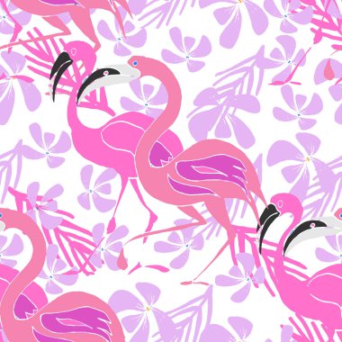 Pembe flamingo ve egzotik çiçekler ile tropikal vektör arka plan