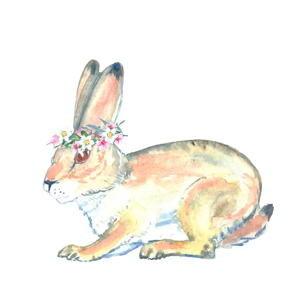 Cute watercolor easter bunny with floral wreath. Easter card. — Stock Photo, Image