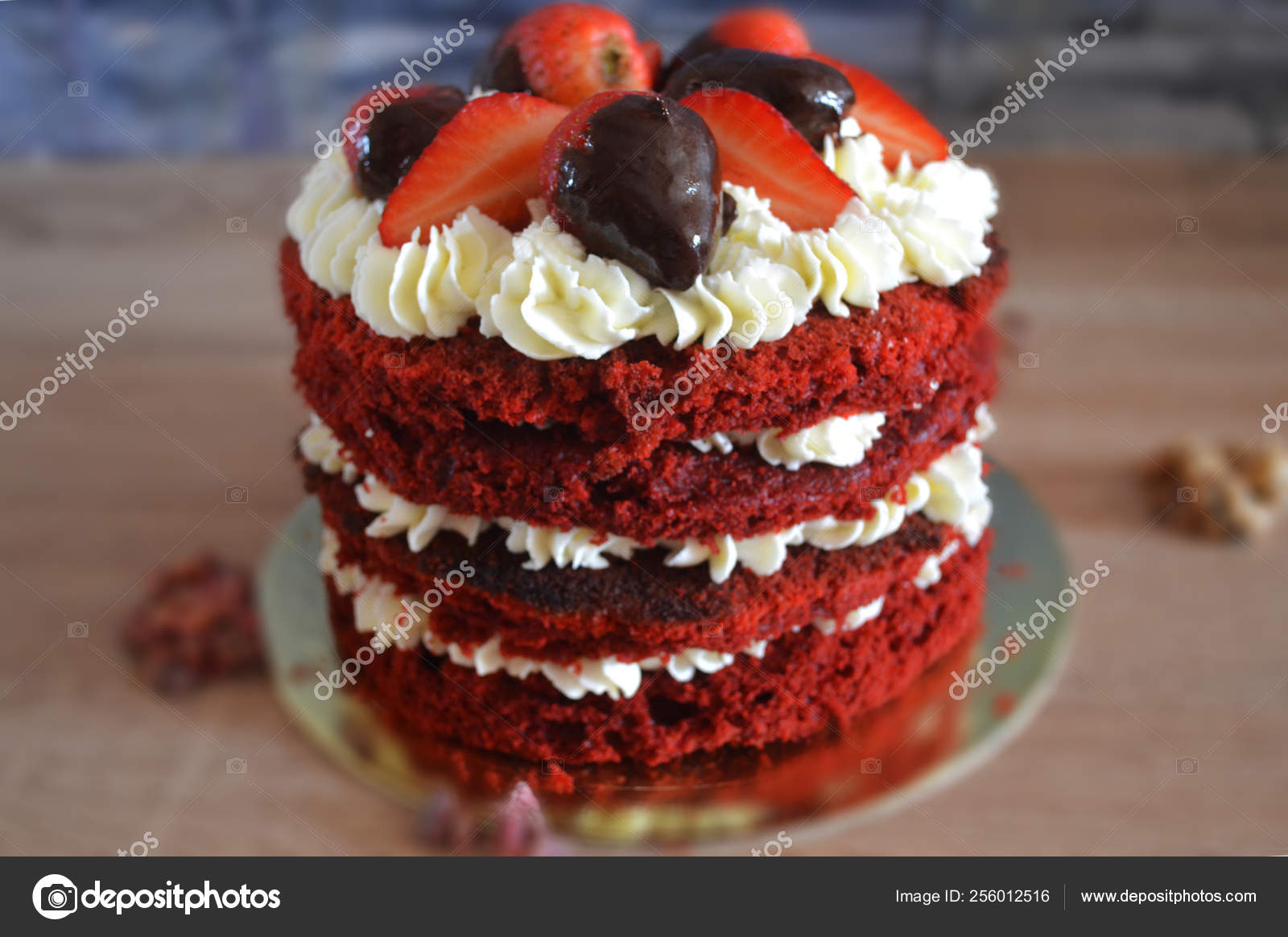 Delicious Red Velvet Cake With Cheese Cream Decorated With Ripe