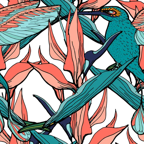 Tropical  palm leaves colorful tropical flowers and humming bird