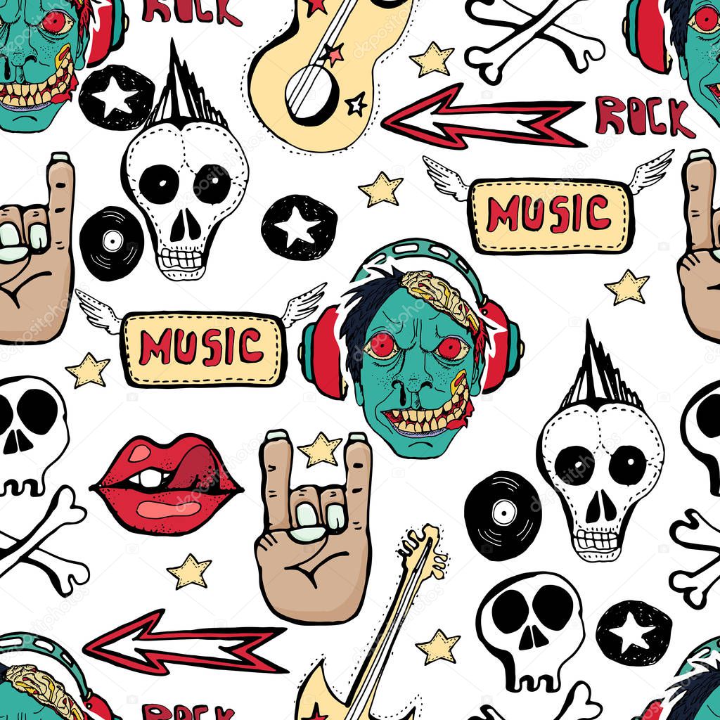 Modern seamless pattern with skulls, rock-music symbols, stars, 