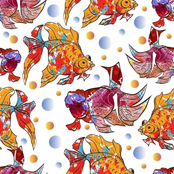 Lindo patrón inconsútil colorido con peces de colores calico y cabeza de león — Vector de stock