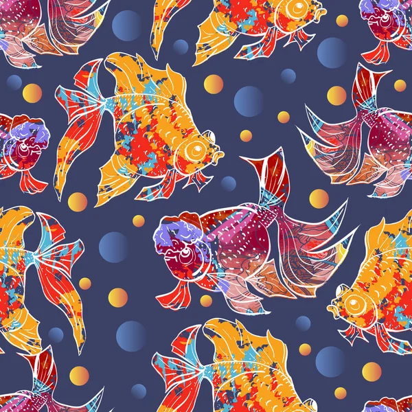 Lindo patrón inconsútil colorido con peces de colores calico y cabeza de león — Vector de stock