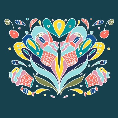 Soyut doodle renkli süs. Pastalar, kirazlar, çiçekler. Ve