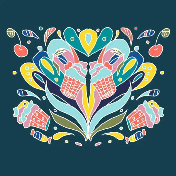 Soyut doodle renkli süs. Pastalar, kirazlar, çiçekler. Ve