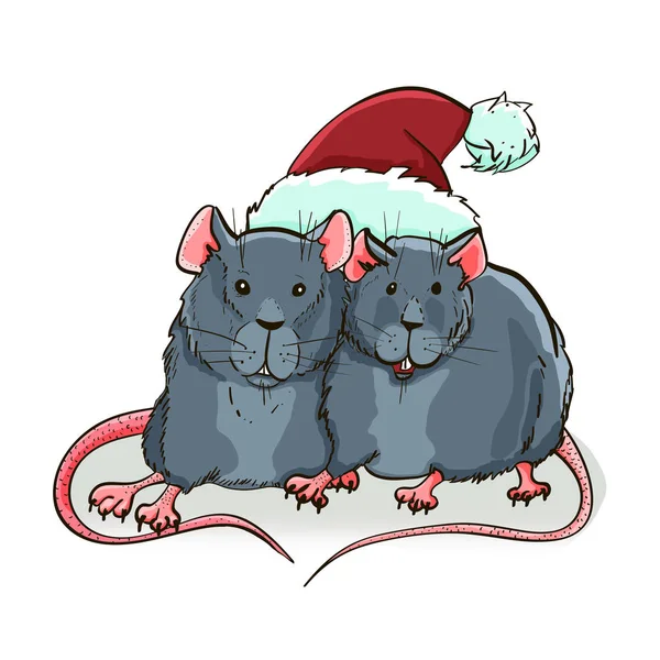 Une paire de rats mignons dans un chapeau de Père Noël. Vecteur Nouvel An greeti — Image vectorielle